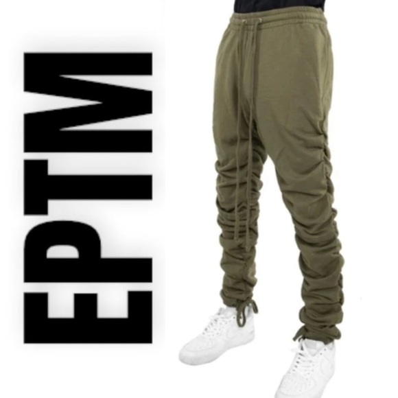 EPTM Olive Green Drawstring Wrinkle Ruched Leg Jogger Sweatpants, Size Large - Picture 1 of 11